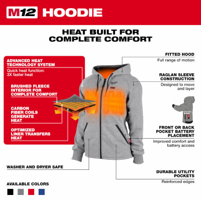M12 Heated Hooded Sweatshirt, Cotton/Poly, Gray, XL, NO BATTERY