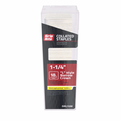 Collated Narrow Crown Staples, L-Style Electrogalvanized Steel, 1-1/4 In. x 18 Gauge, 1000-Pk.
