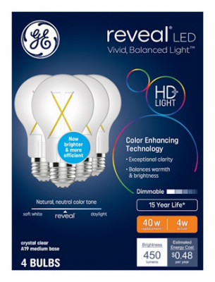 Reveal LED Light Bulbs, Clear, A19, 4 Watt, 4-Pk.