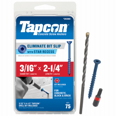 Concrete Anchors, Star Drive, 3/16 x 2-1/4 In., 75-Pk.