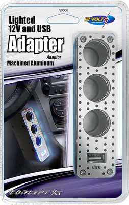 Car Triple-Socket Adapter With USB, Lighted, 12-Volt