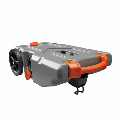 Camco Rhino Camper/RV Portable Waste Tank – 28-Gallon – Features Large Heavy-Duty No-Flat Wheels & Built-In Gate Valve – Includes Removable Steel Tow Adapter, 3' RV Sewer Hose, & More RV Accessories