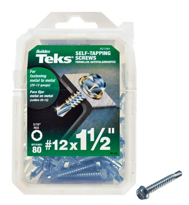 Drill Point Screws, Self-Tapping, Hex Washer Head, #12 x 1-1/2 In., 80-Pk.