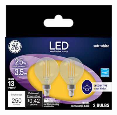 Decorative Globe LED Light Bulbs, Candelabra Base, Soft White, Clear, 250 Lumens, 3.5 Watt, 2-Pk.