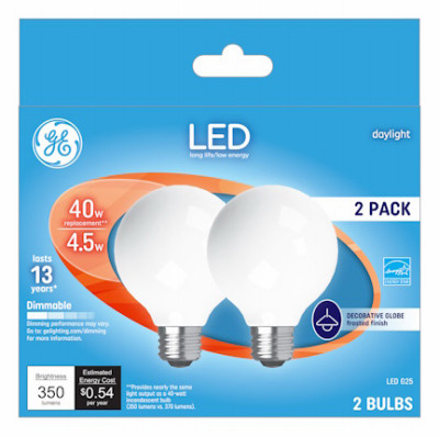 Decorative Globe LED Light Bulbs, Daylight, Frosted, 350 Lumens, 4.5 Watt, 2-Pk.