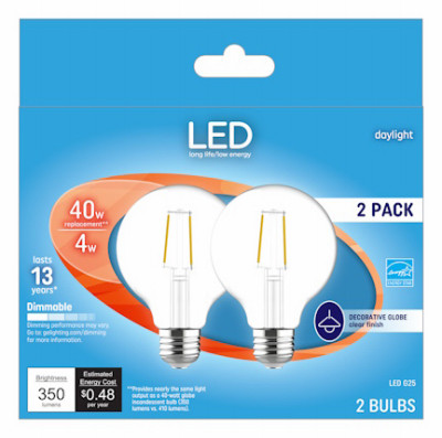 Decorative Globe LED Light Bulbs, Daylight, Clear, 350 Lumens, 4 Watt, 2-Pk.
