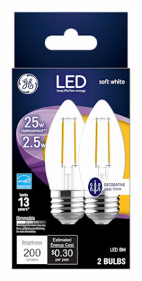 Decorative LED Light Bulbs, Dimmable, Soft White, Clear, 200 Lumens, 2.5 Watt, 2-Pk.