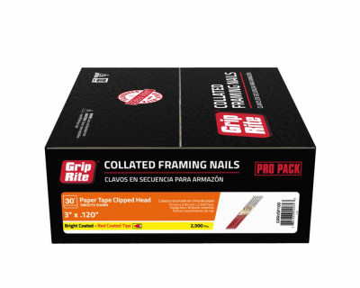Collated Paper Tape Nails, Smooth Steel, Clipped Head, 30 Degree, 3 x .120 In., 2500-Pk.