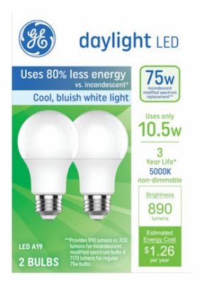 LED Light Bulbs, Daylight, A19 Medium Base, 10.5 Watts, 2-Pk.
