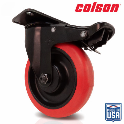 5 in. Red Polyurethane and Black Swivel Plate Caster with Locking Brake