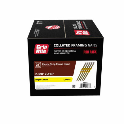 Collated Framing Nails, Smooth Steel Shank, Round Head, Plastic Strip, 21 Degree, 2-3/8 x .113 In., 2500-Pk.