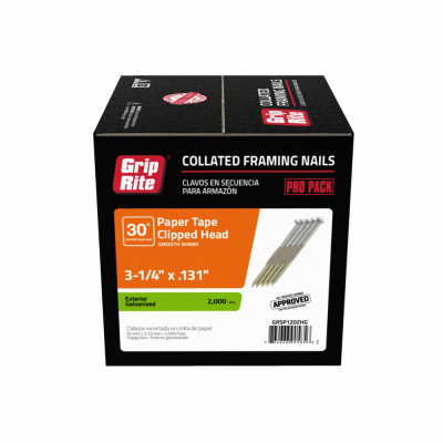 Collated Common Nails, Smooth Steel Shank, Round Head, Paper Tape, 30 Degree, 3-1/4 x .131 In., 2000-Pk.