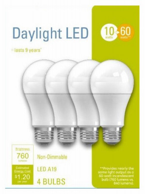 LED Light Bulbs, A19, Daylight, 760 Lumens, 10 Watt, 4-Pk.