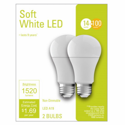LED Light Bulbs, A19, Soft White, 1520 Lumens, 14 Watt, 2-Pk.