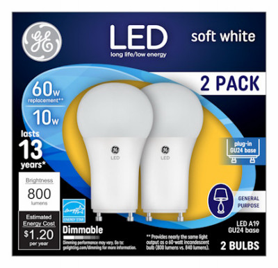 LED Light Bulb, Soft White, A19, GU24 base, 10 Watt, 2-Pk.