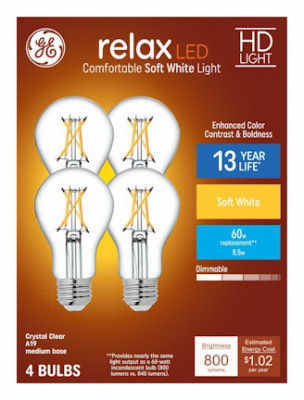 LED HD Relax Soft White Light Bulbs, A19 Medium Base, 8.5 Watt, 4-Pk.