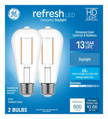 LED HD Refresh Daylight Light Bulbs, ST19 Medium Base, 5.5 Watt, 2-PK