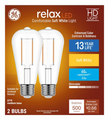 LED HD Relax Soft White Light Bulbs, ST19 Medium Base, 5.5 Watt, 2-PK