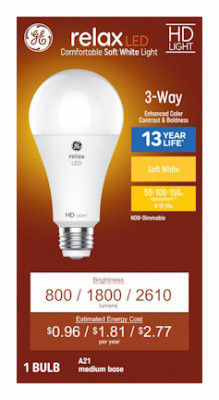LED HD Relax 3-Way Light Bulb, A21 Medium Base, Soft White, 8/15/23 Watt