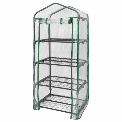 Mini Greenhouse, Steel Frame, 4 Mesh Shelves, Clear Cover, 23 x 17 x 57 In. High