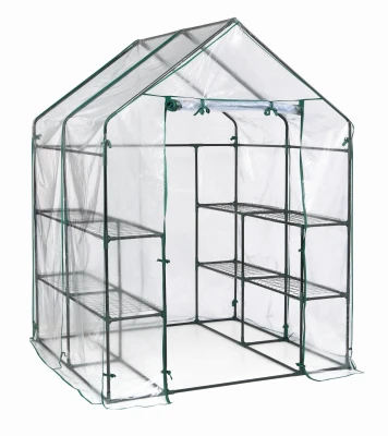 Mini Greenhouse, Steel Frame, 4 Mesh Shelves, Clear Cover, 56 x 56 x 76 In. High