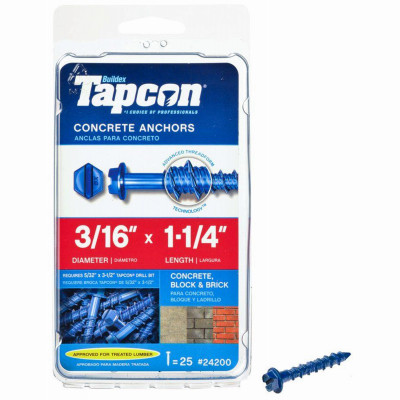 Concrete Anchors, Hex Washer Head, 3/16 x 1-1/4 In., 25-Pk.