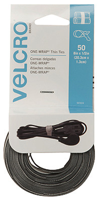 ONE-WRAP Thin Ties, Black / Gray, 8 x 1/2 In., 50-Ct.