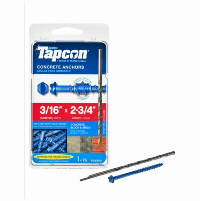 Concrete Anchors, Hex Washer Head, 3/16 x 2-3/4 In., 75-Pk.