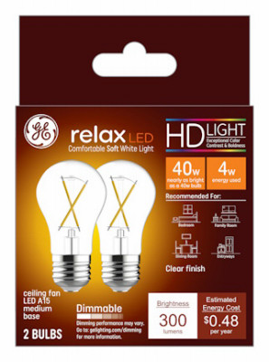 LED Ceiling Fan Light Bulbs, A15, Soft White, Clear, 320 Lumens, 4 Watt, 2-Pk.