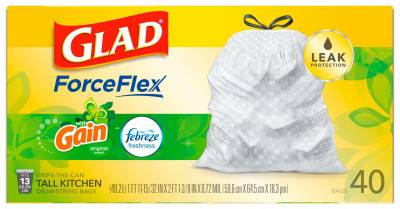 Tall Kitchen Trash Bags, Odor Shield Gain Scent, Drawstring Closure, White, 13 Gallon, 40-Ct.