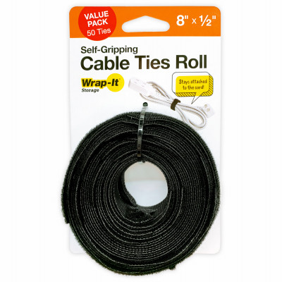 Self-Gripping Cable Ties, Reusable, Multi Color, 1/2 x 8 In., 50-Pk.