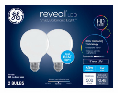 Reveal HD LED Light Bulbs, Pure White, G25 Shape, Medium Base, 4 Watt, 2-Pk.