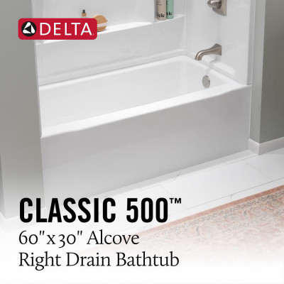 Classic 500 Bathtub, Right-Hand Drain, Gloss White, 60 x 30 In.