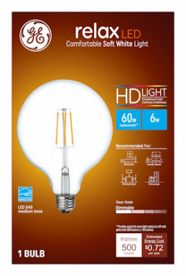 LED Relax Globe Light Bulb, G40, Clear Soft White, 500 Lumens, 6 Watt
