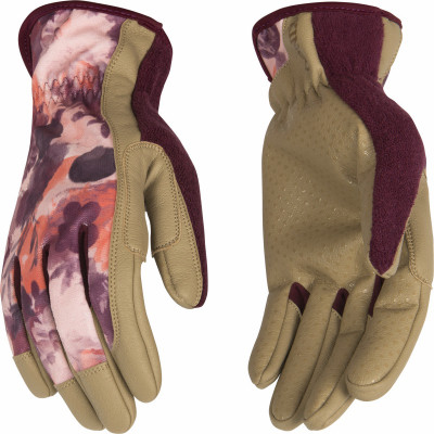 Women's Pro Work Gloves, Synthetic Leather Palm, Red Print Spandex Back, M