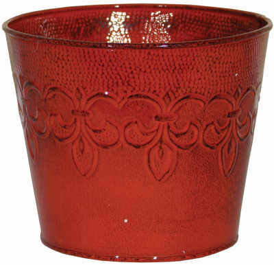 Metal Planter, Fleur De Lis Pattern, Cayenne Red, 8 In.