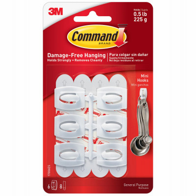 Mini Hooks with Adhesive Strips, White, 6-Pk.