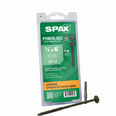1/4" x 6" Exterior Washer Head Structural Wood Lag Screws  Powerlags Torx T-Star (12 EA)