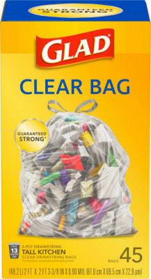 Glad® Tall Kitchen Drawstring Bags, Clear, 13 Gallon, 45 Count