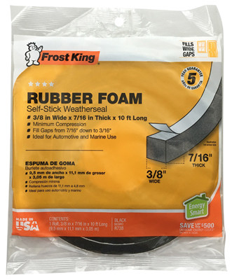 Rubber Foam Weatherseal Tape, 3/8W x 7/16 In. T x 10 Ft.