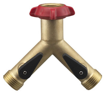 Dual Outlet Garden Hose Y Connector, Long Neck, Brass
