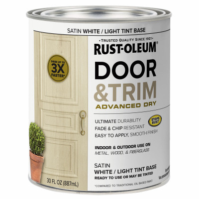Door and Trim Paint, Interior/Exterior, Water Based, Satin White/Light Tint Base, Quart
