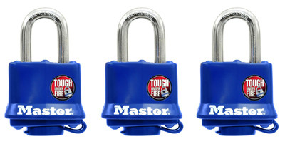 keyed Laminated Padlocks, Blue Weatherproof Covers, 3-Pack, 1-1/2 In.