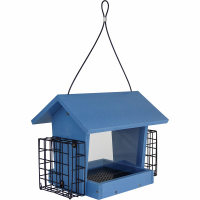 EcoCycle Hopper Hangout Recycled Plastic Hopper Bird Feeder w/ Suet, 3 Quart, 2 Suet Cake, Blue (2 pieces)