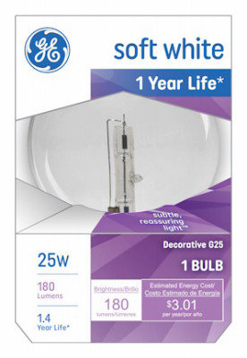 Decorative Globe Light Bulb, White, 3 In. Diam., 25 Watt (6 pieces)