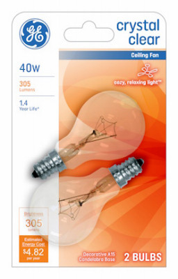 Ceiling Fan Light Bulbs, Clear, Candelabra Base, 40 Watt, 2-Pk.