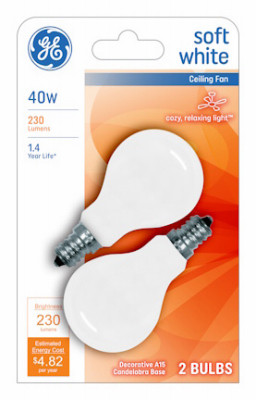 Ceiling Fan Light Bulbs, White, Candelabra Base, 40 Watt, 2-Pk.
