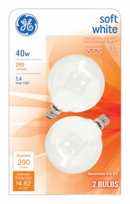 Globe Light Bulb, White, 40 Watt, 120-Volt, 2 In.-Diameter, 2-Pk. (6 pieces)
