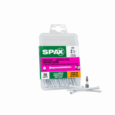 #8 x 2-1/2" Exterior / Interior Trim Head Wood Composite PVC Screws White Powertrim Torx T-Star Plus (100 EA)  Double Tread