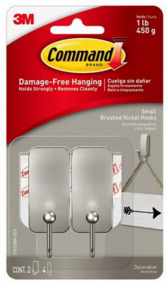 Small Brushed Nickel Hooks, 2 Hooks/4 Strips
